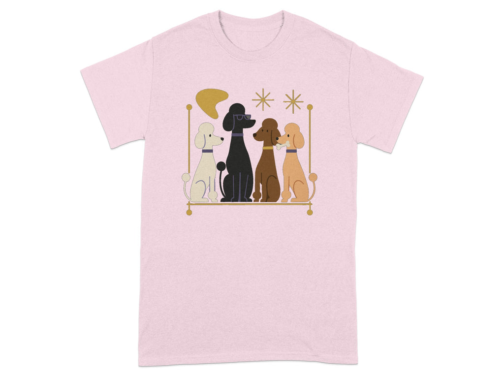 Four poodles in profile on a shelf with star and abstract shapes above.
