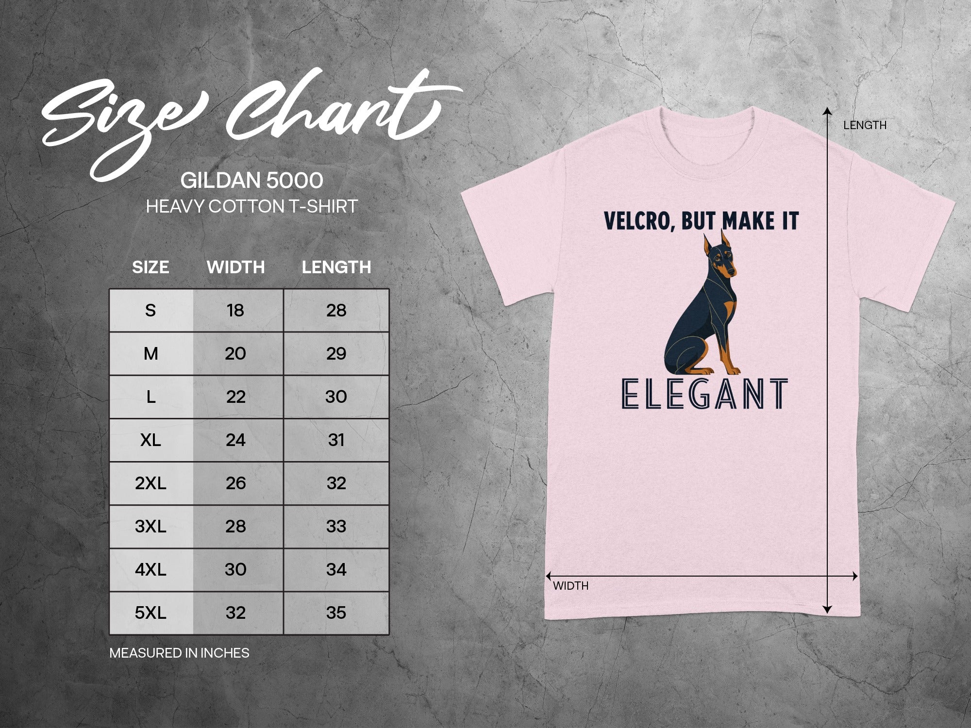 Gildan 5000 t-shirt with size chart and "Velcro, but make it elegant" text.