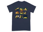 T-shirt graphic of a golden retriever dog depicted in various camping scenes.