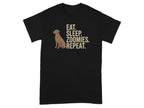 Black t-shirt with dog silhouette and text "EAT. SLEEP. ZOOMIES. REPEAT."
