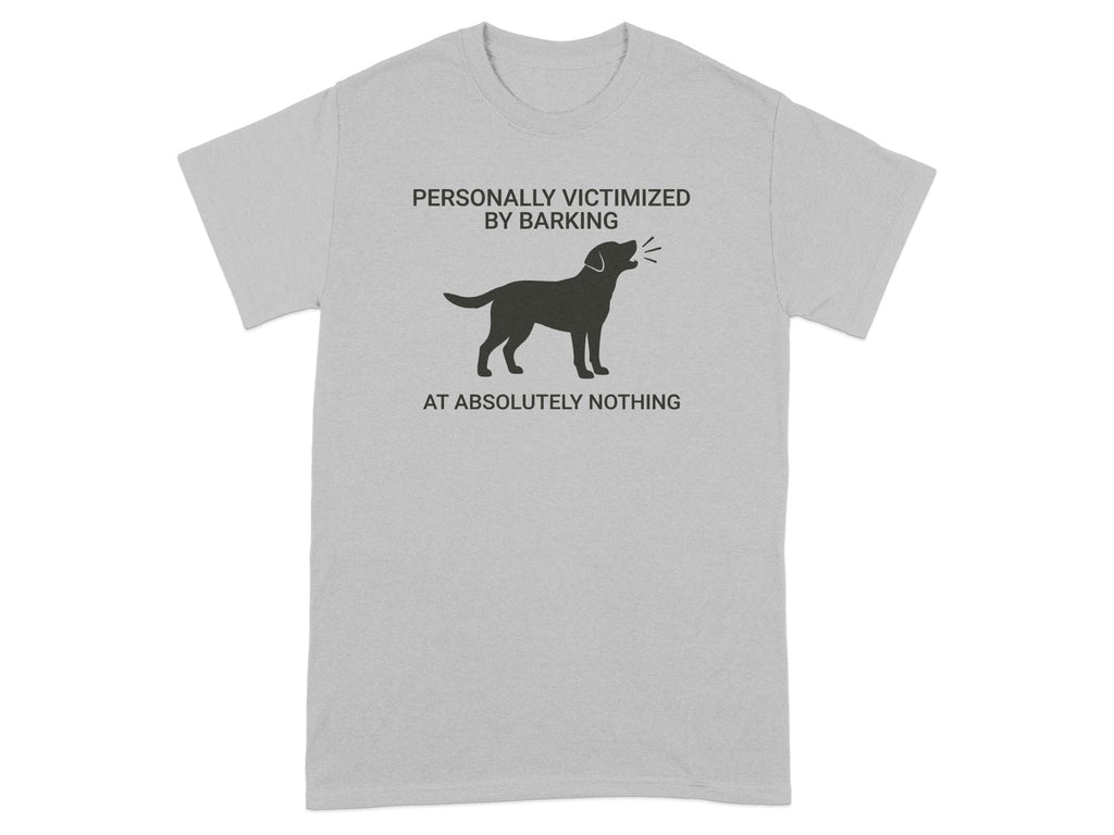 Gray t-shirt with black graphic of a dog barking and text.