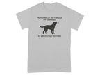 Gray t-shirt with black graphic of a dog barking and text.