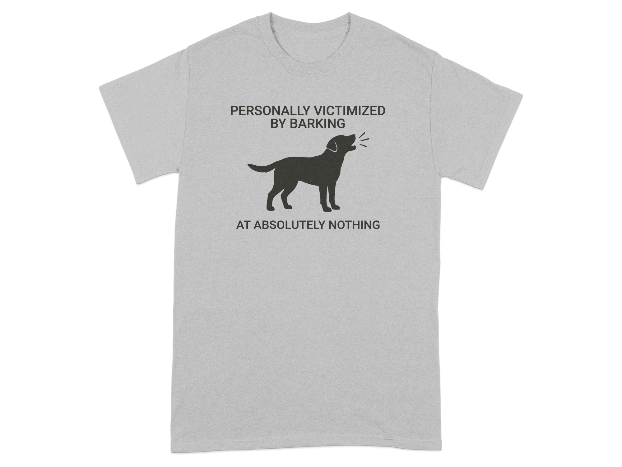 Gray t-shirt with black graphic of a dog barking and text.