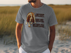 Grey t-shirt with a brown and white basset hound and text.