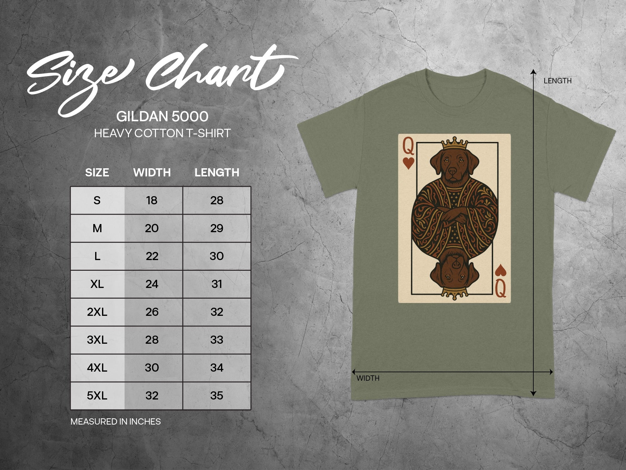 Gildan 5000 t-shirt size chart displaying width and length measurements in inches.