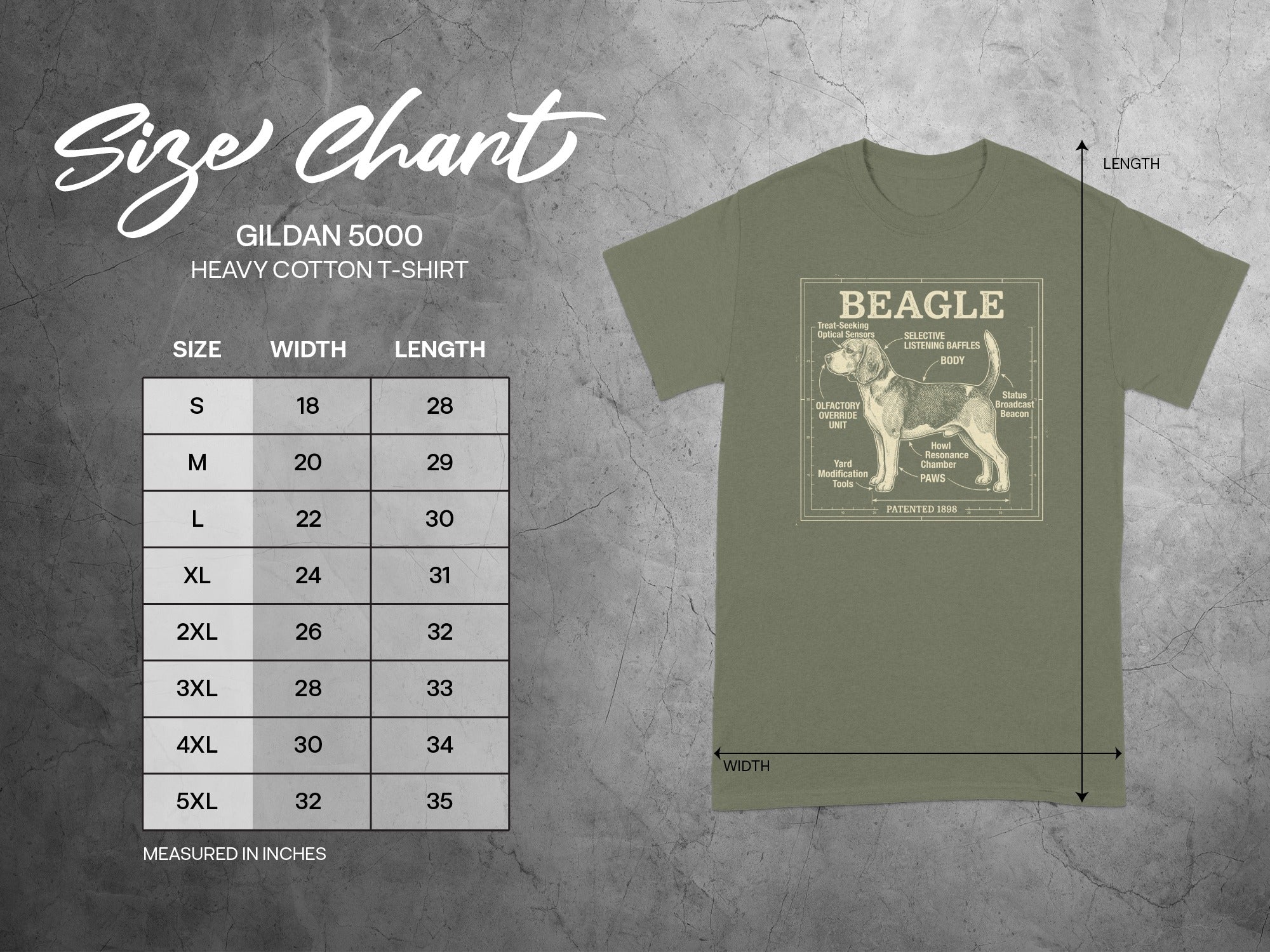Gildan 5000 t-shirt size chart with Beagle diagram.