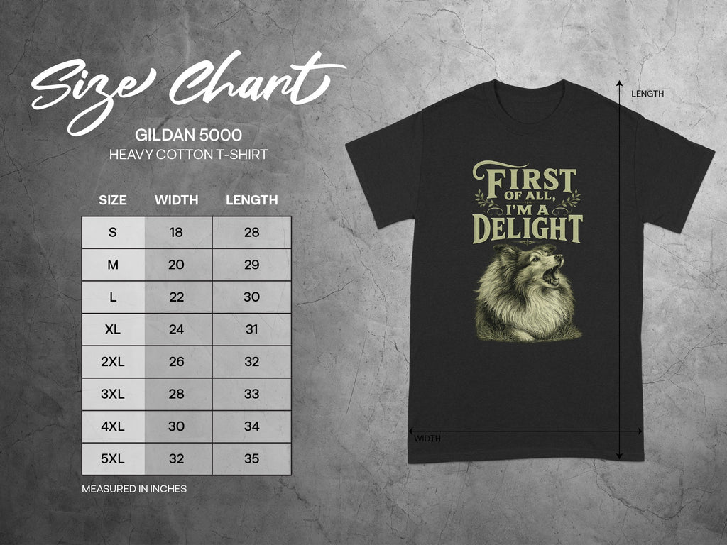 Gildan 5000 t-shirt size chart with width and length measurements in inches.