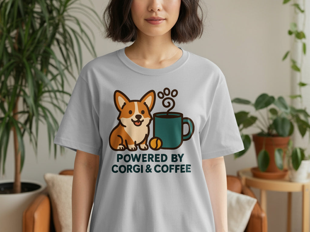 Gray t-shirt with corgi and coffee graphic and text "POWERED BY CORGI & COFFEE".