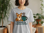 Gray t-shirt with corgi and coffee graphic and text "POWERED BY CORGI & COFFEE".