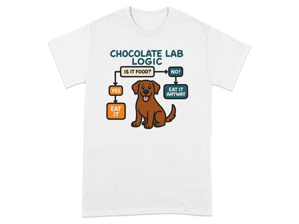 White t-shirt with "Chocolate Lab Logic" flowchart and a cartoon dog.