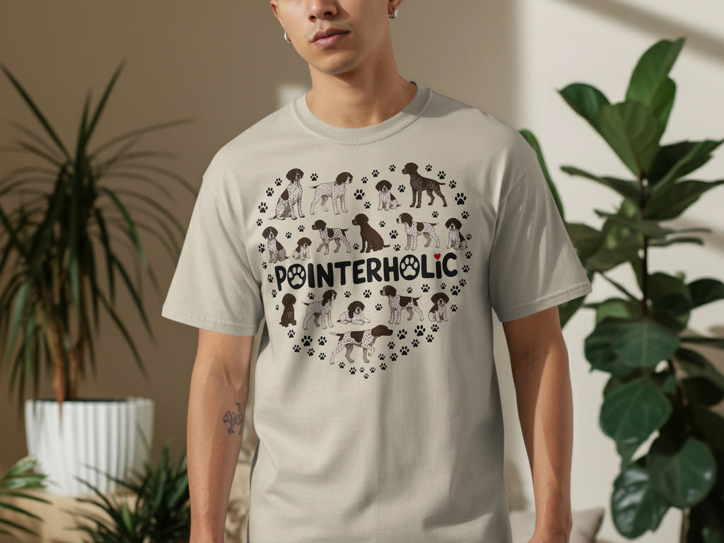 Light beige t-shirt with a heart-shaped pattern of German Shorthaired Pointer dogs and paw prints.