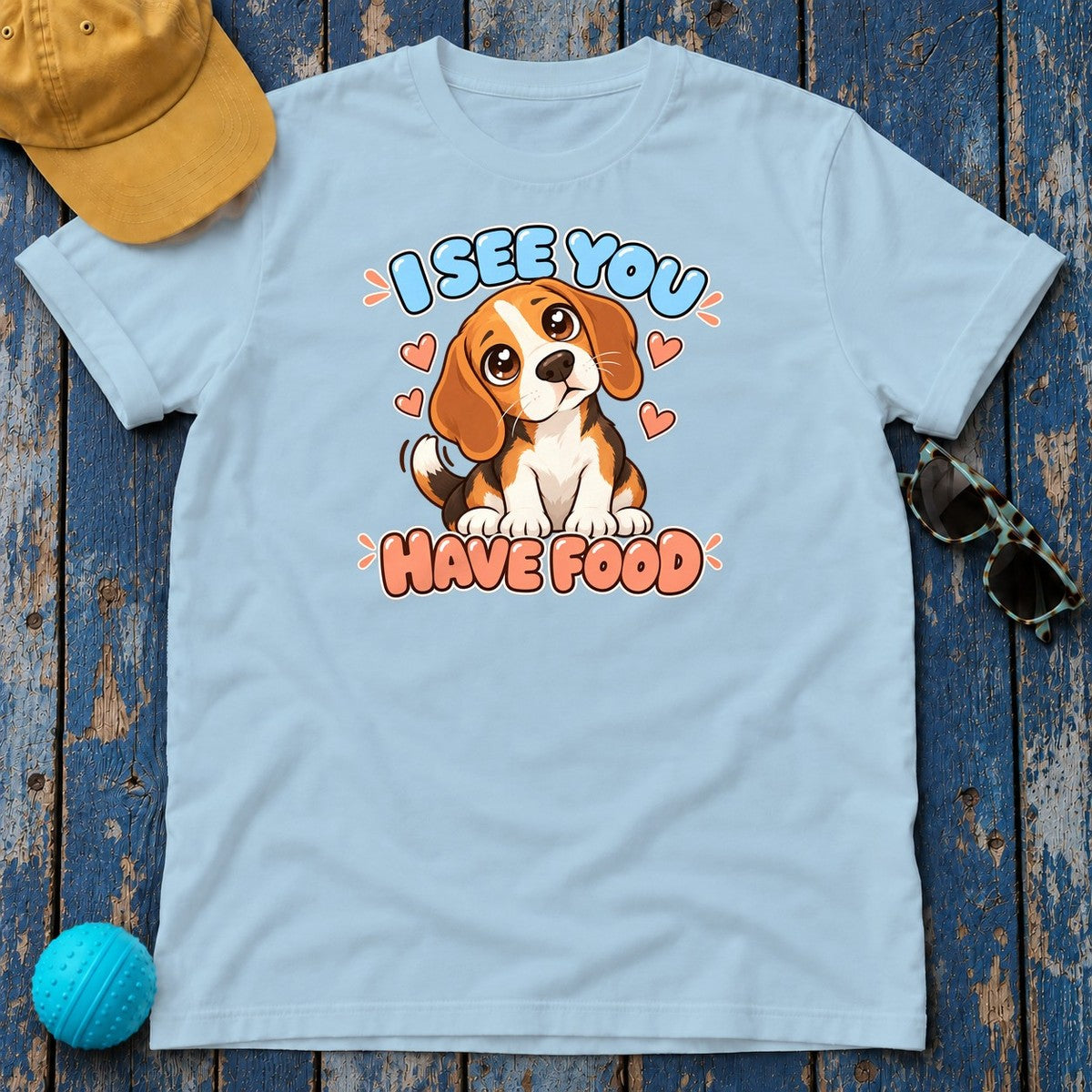 I See You Have Food Beagle T-Shirt in Light Blue - flat lay