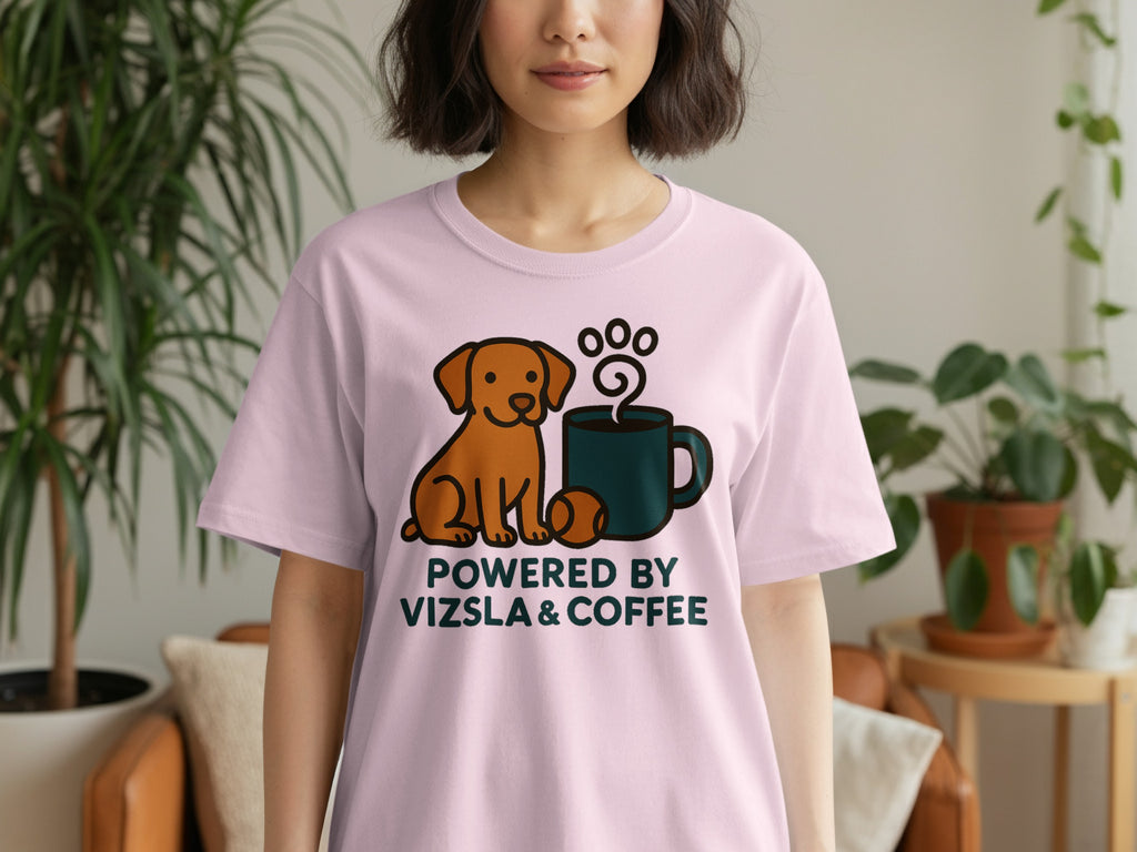 Pink t-shirt with graphic of dog, coffee cup, paw print, and text "POWERED BY VIZSLA & COFFEE".
