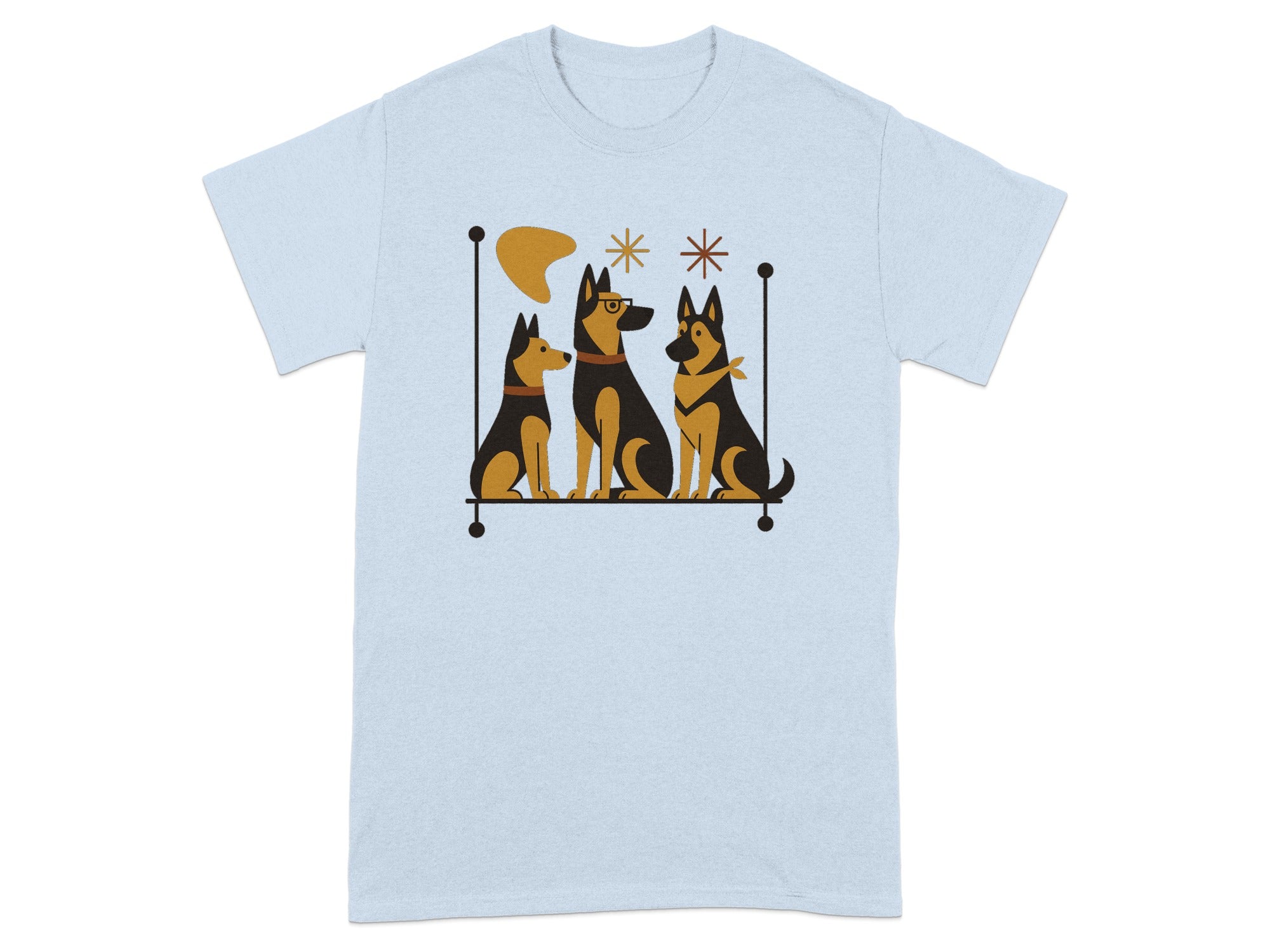 Three stylized German Shepherd dogs sit in a row on a shelf with abstract shapes.