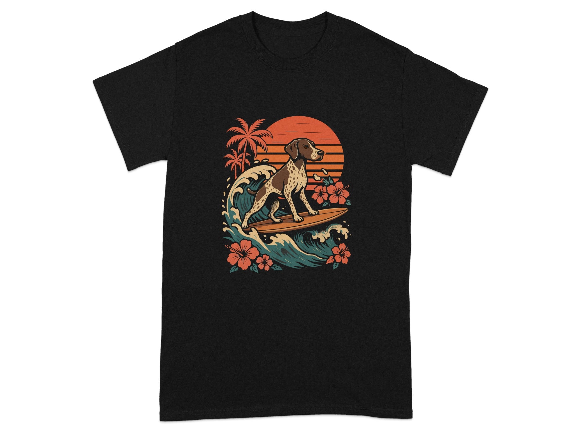 Surfing Dog on Tropical Sunset Black T-Shirt product