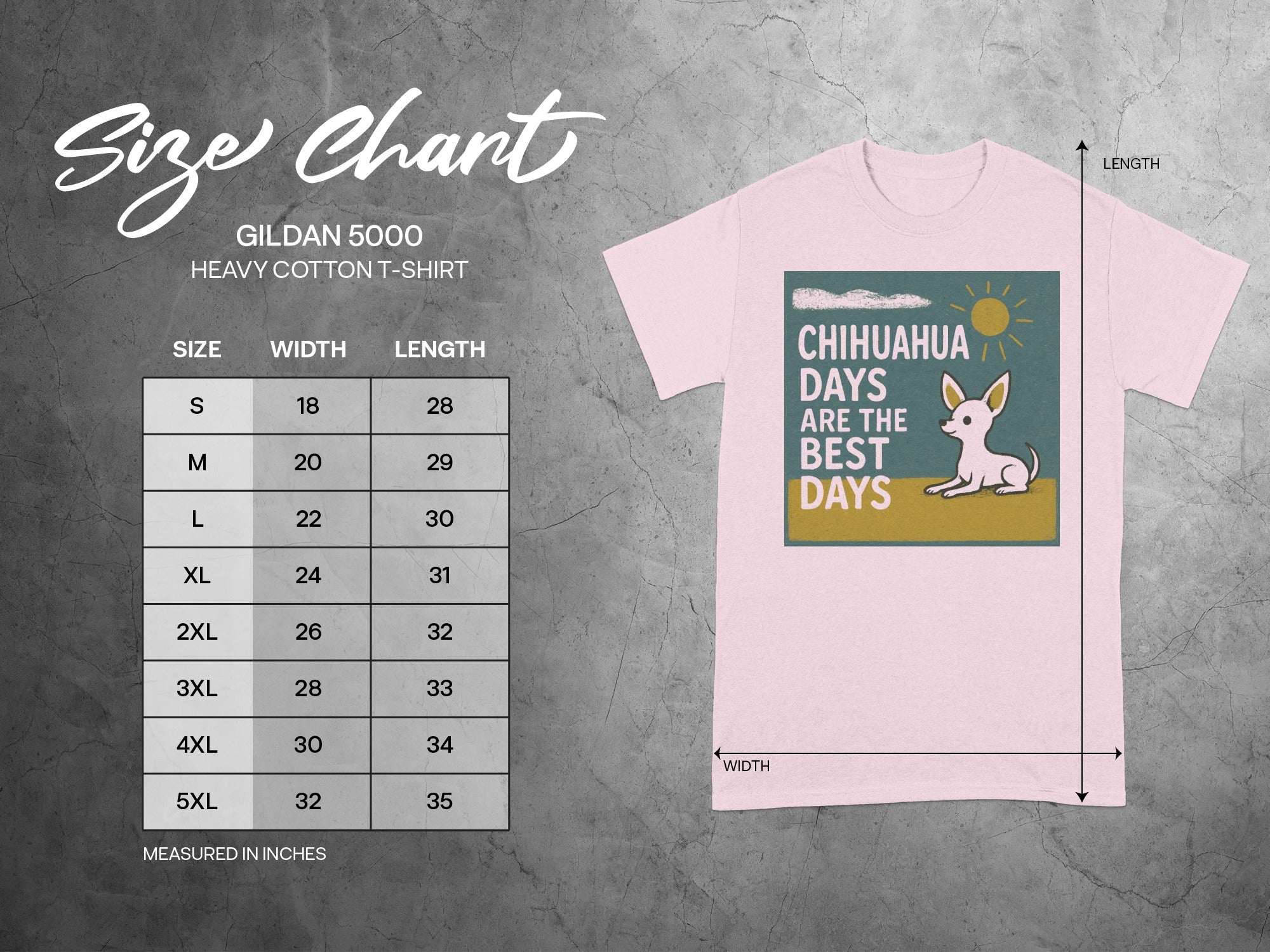 Gildan 5000 size chart for heavy cotton t-shirts with measurement guide.