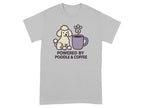Grey t-shirt with a graphic of a poodle and coffee cup with text "POWERED BY POODLE & COFFEE."