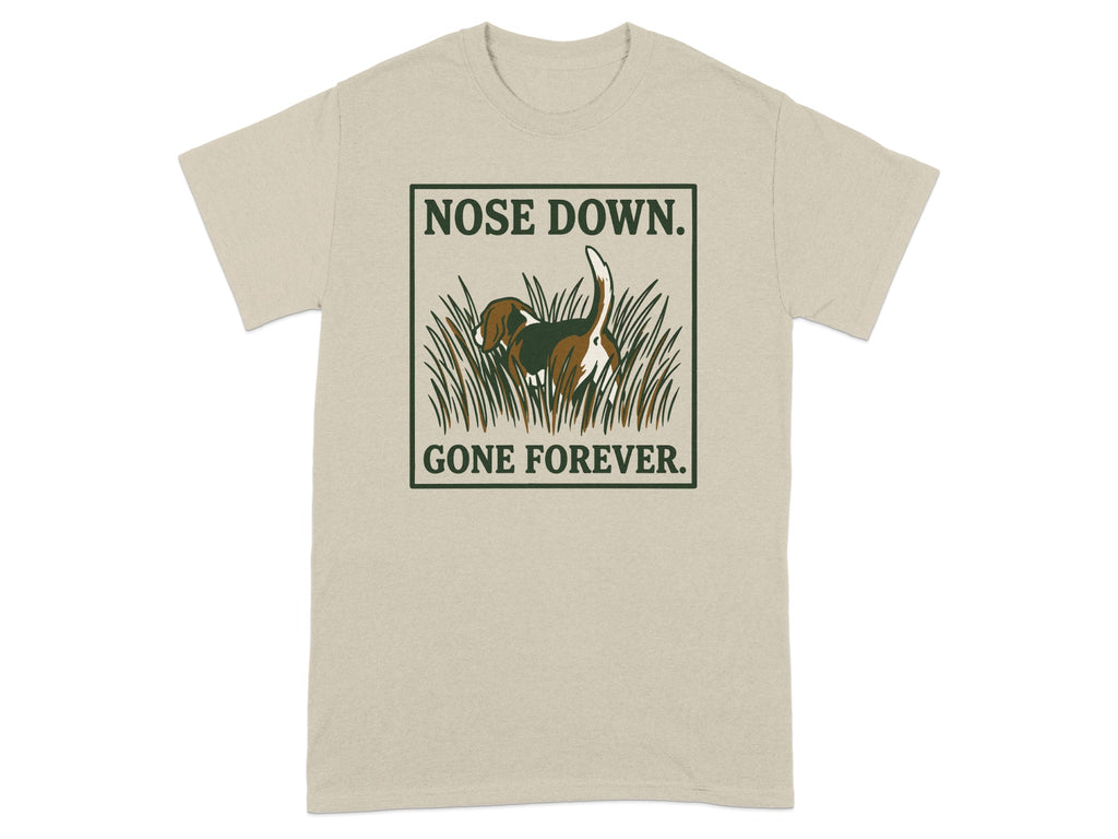 Beagle with nose down in grass with text "GONE FOREVER."