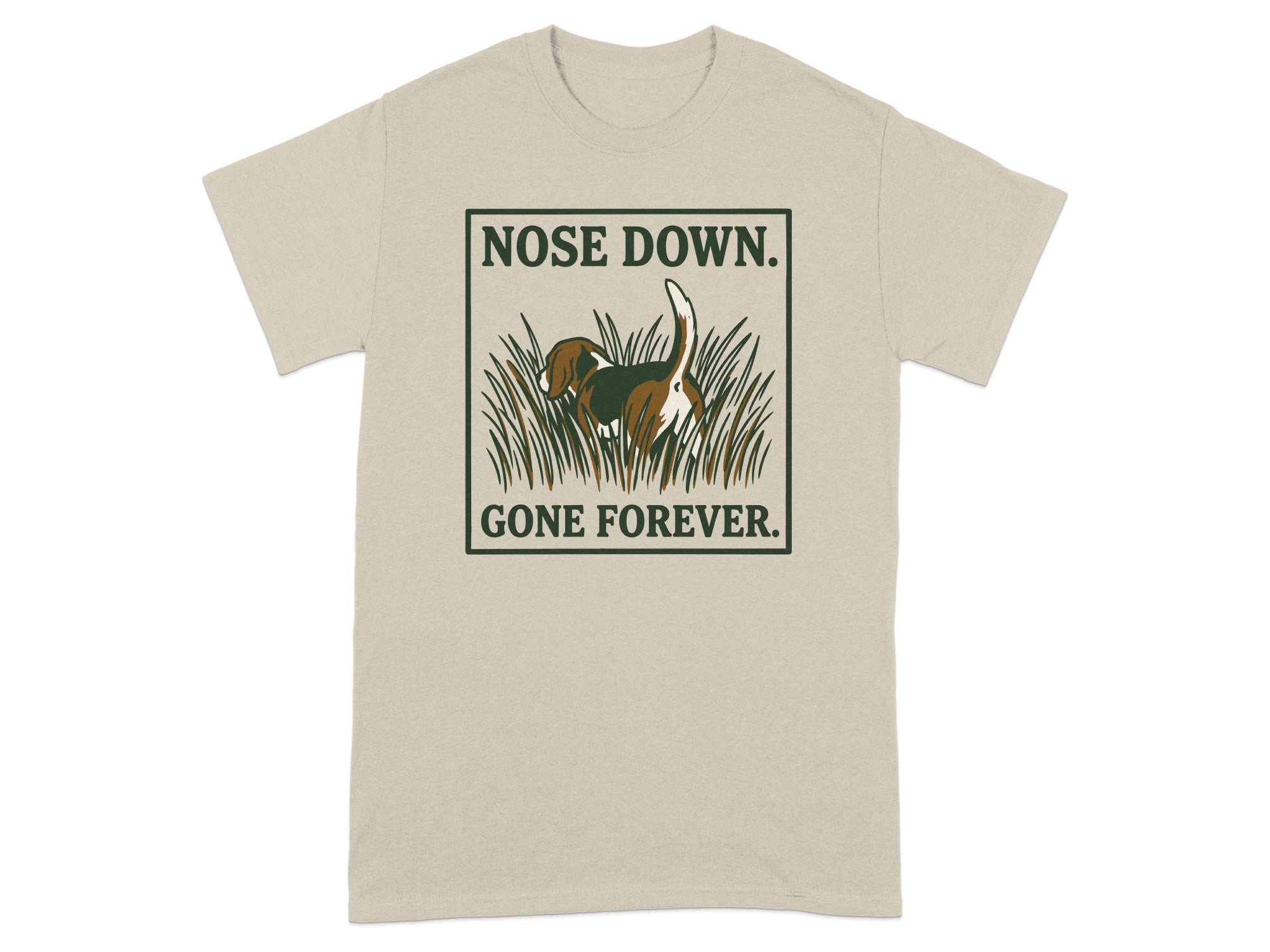 Beagle with nose down in grass with text "GONE FOREVER."