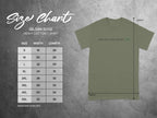 Gildan 5000 heavy cotton t-shirt size chart with dimensions.