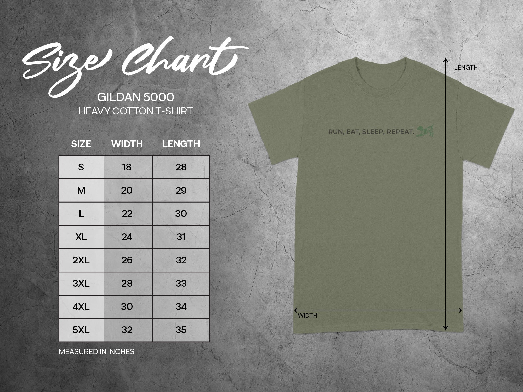 Gildan 5000 heavy cotton t-shirt size chart with dimensions.