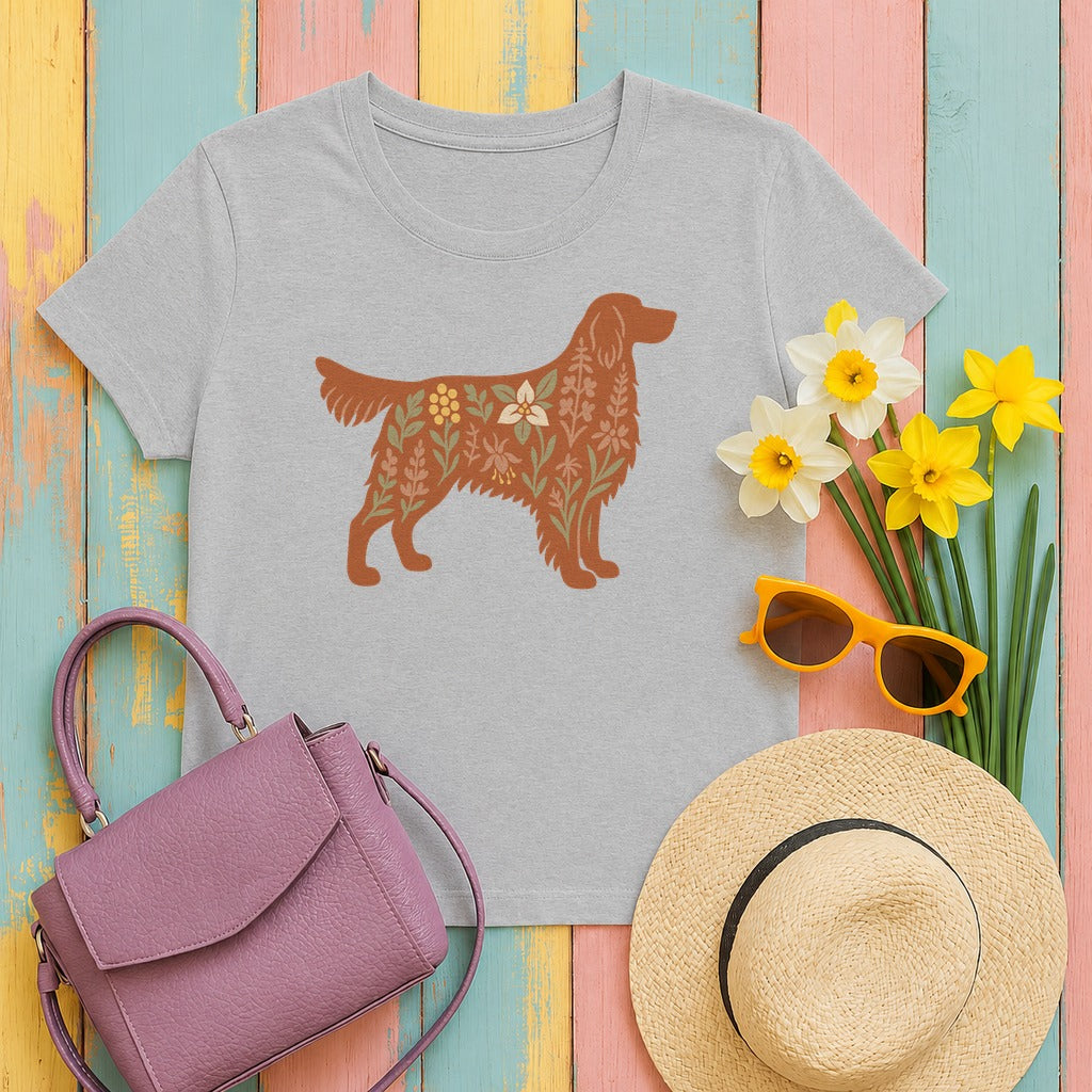 Floral Irish Setter Dog Silhouette Art Illustration T-Shirt in Sport Grey