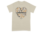 Tan t-shirt with "CORGAHOLIC" in block letters surrounded by a heart of corgi dogs.