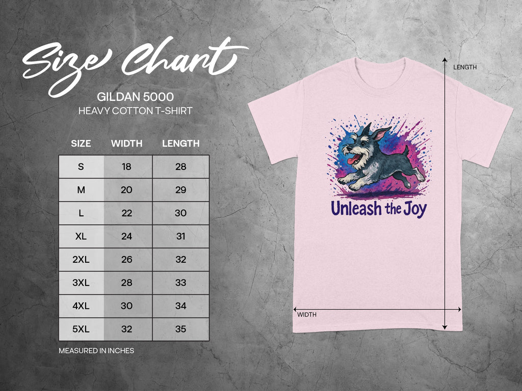 Gildan 5000 Heavy Cotton T-Shirt size chart with measurements.
