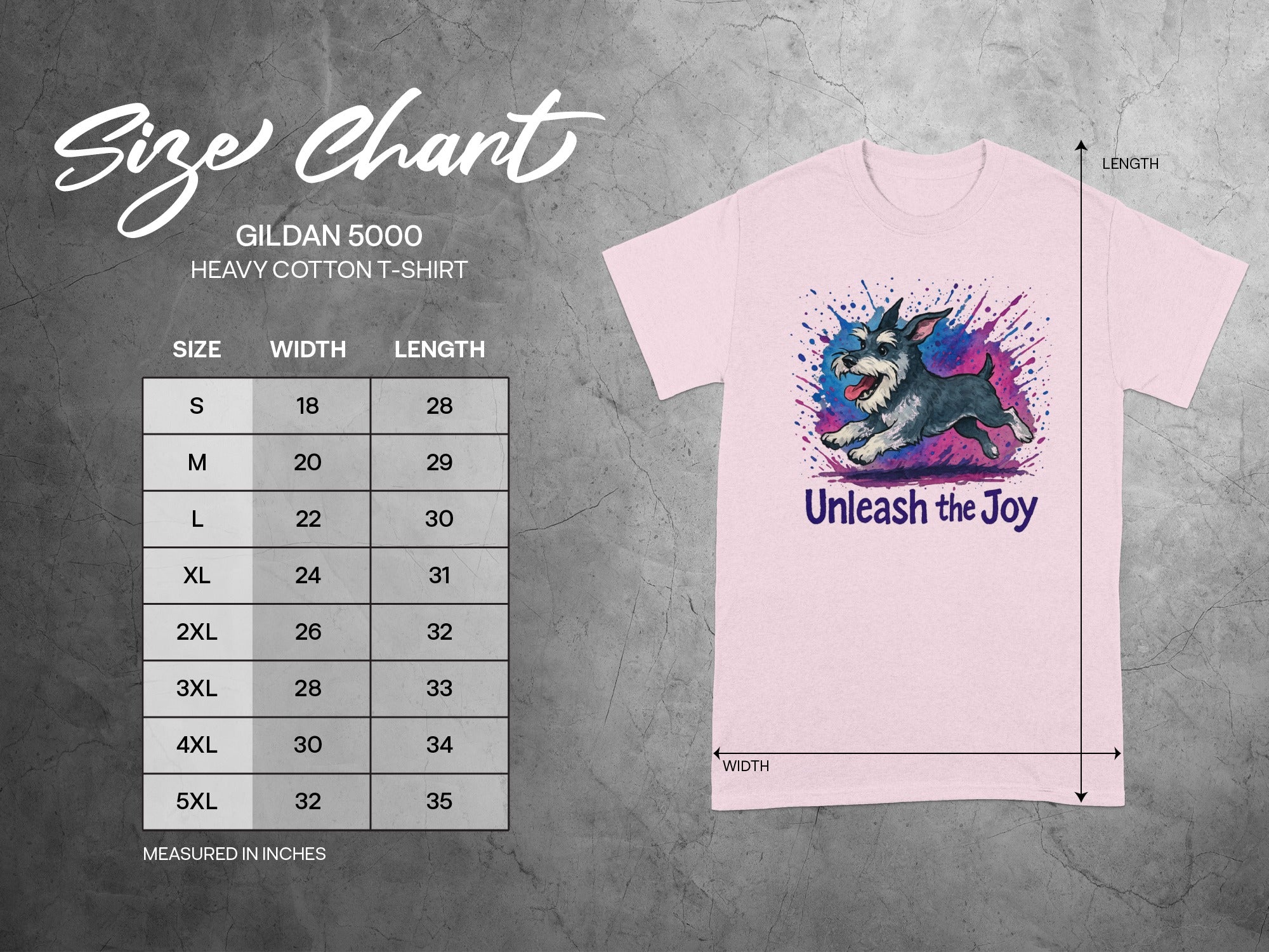 Gildan 5000 Heavy Cotton T-Shirt size chart with measurements.