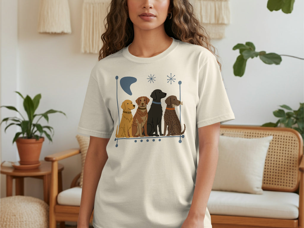 Cream t-shirt with cartoon dogs sitting in a row with moon and stars.