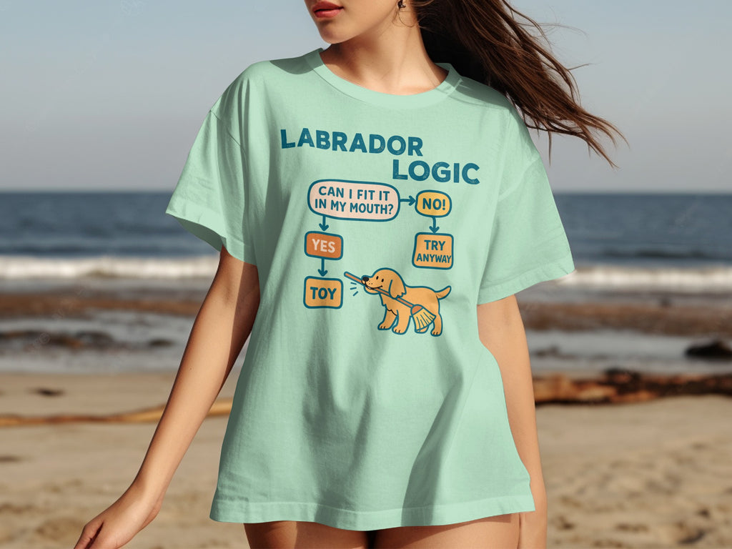 Labrador Logic flowchart on a pale blue t-shirt with a dog toy.