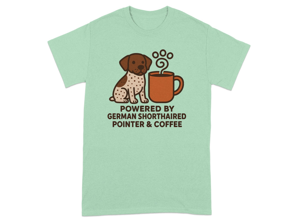 German Shorthaired Pointer and coffee graphic with text reading "POWERED BY GERMAN SHORTHAIRED POINTER & COFFEE".