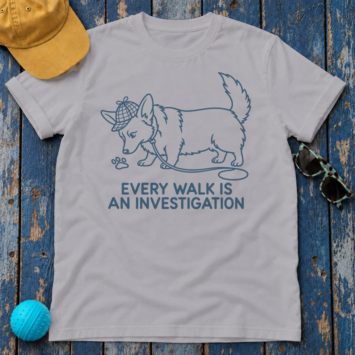 Every Walk Is An Investigation Sniffing Corgi Line Art T-Shirt in Athletic Heather
