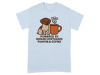 Light blue t-shirt with a German Shorthaired Pointer and coffee cup design.