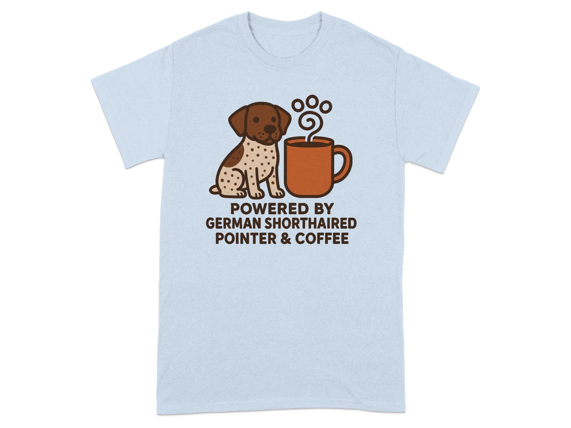 Light blue t-shirt with a German Shorthaired Pointer and coffee cup design.