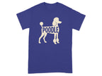 Blue t-shirt with white poodle silhouette and "poodle" text across its body.