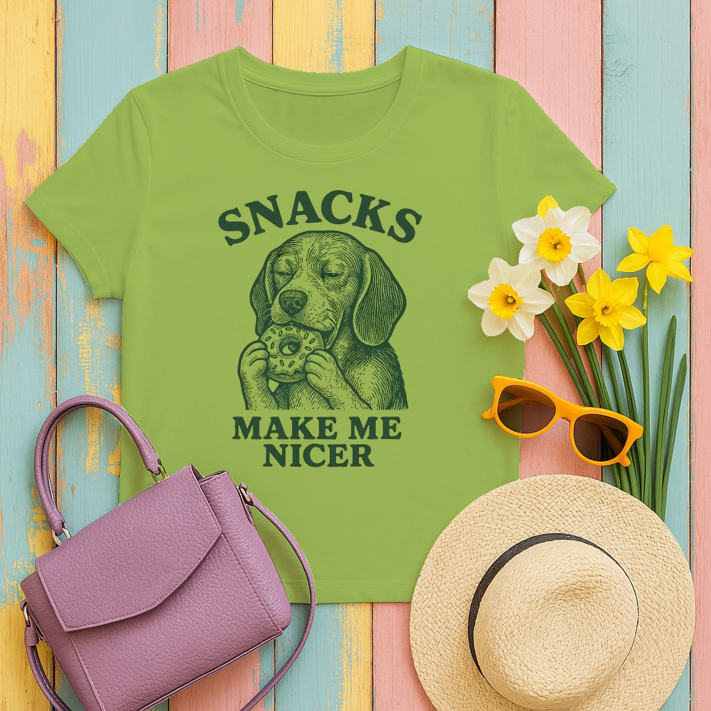 Snacks Make Me Nicer Dog with Beagle T-Shirt in Kiwi
