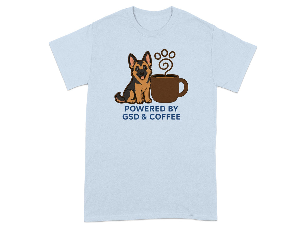 Light blue t-shirt with German Shepherd and coffee cup graphic and text.