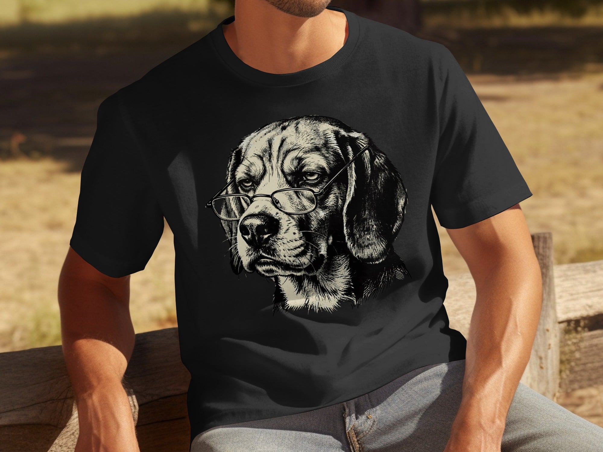 Black t-shirt with a sketch of a beagle wearing glasses.