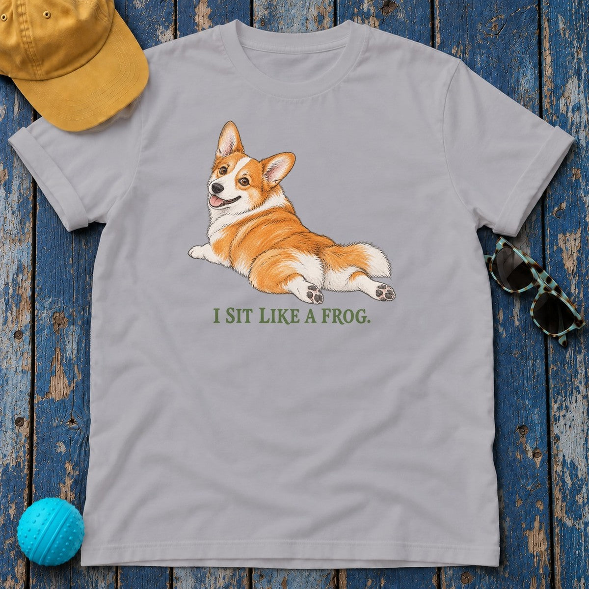 I Sit Like a Frog Corgi T-Shirt in Athletic Heather - flat lay