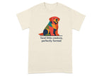 T-shirt with colorful geometric dog and text "feral little creature, perfectly formed".