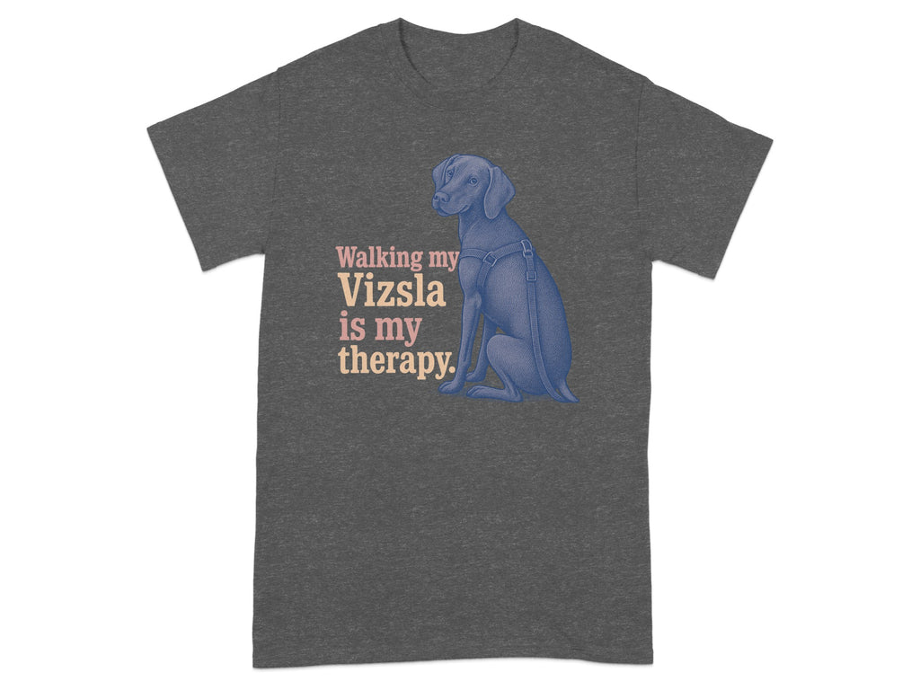 Vizsla dog with text "Walking my Vizsla is my therapy."