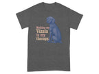 Vizsla dog with text "Walking my Vizsla is my therapy."