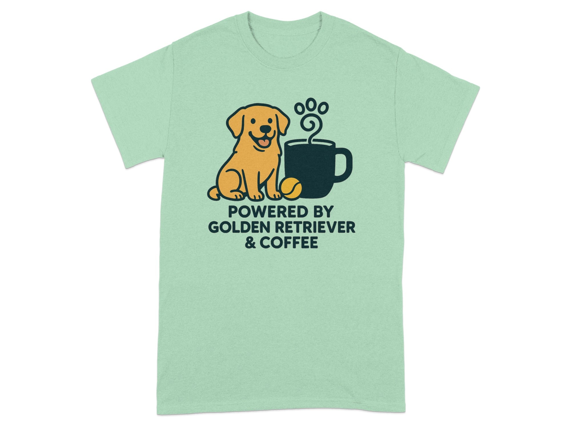 Mint green t-shirt with Golden Retriever and coffee graphic and text.