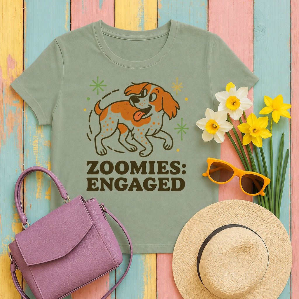 Brittany Spaniel Zoomies Engaged T-shirt in Sage