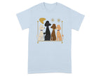 Four poodles in different colors sitting on a shelf with retro decorations.