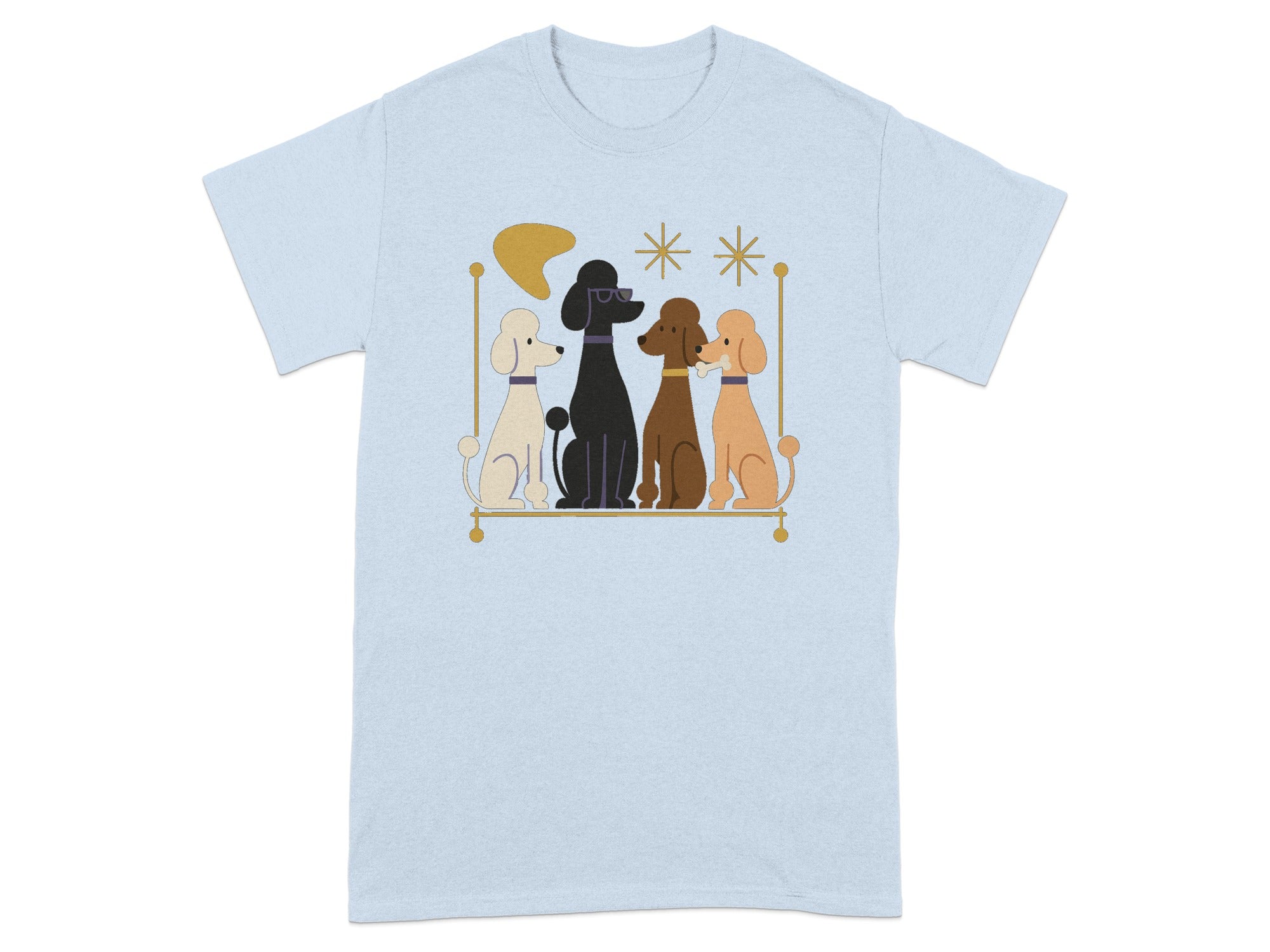 Four poodles in different colors sitting on a shelf with retro decorations.