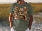 T-shirt with colorful illustration of puppies reading books in different adorable poses.
