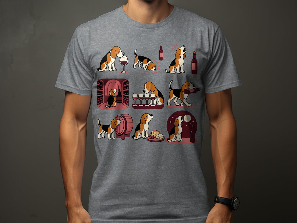 Beagle dogs interact with wine in various scenes, including a cellar, with wine glasses, and cheese.