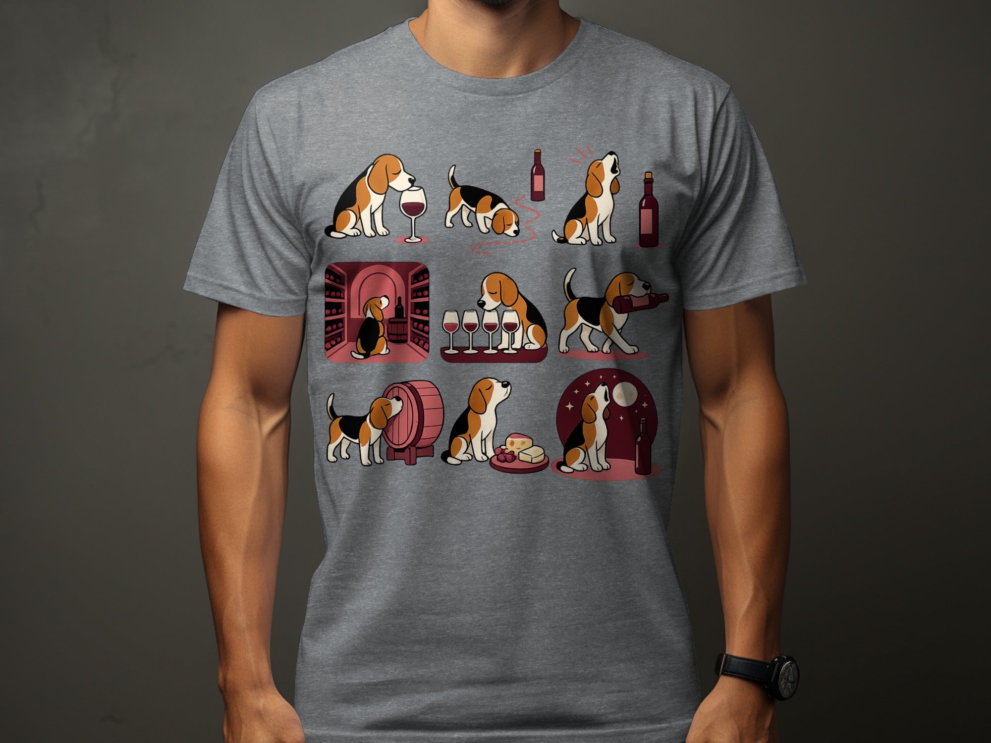 Beagle dogs interact with wine in various scenes, including a cellar, with wine glasses, and cheese.